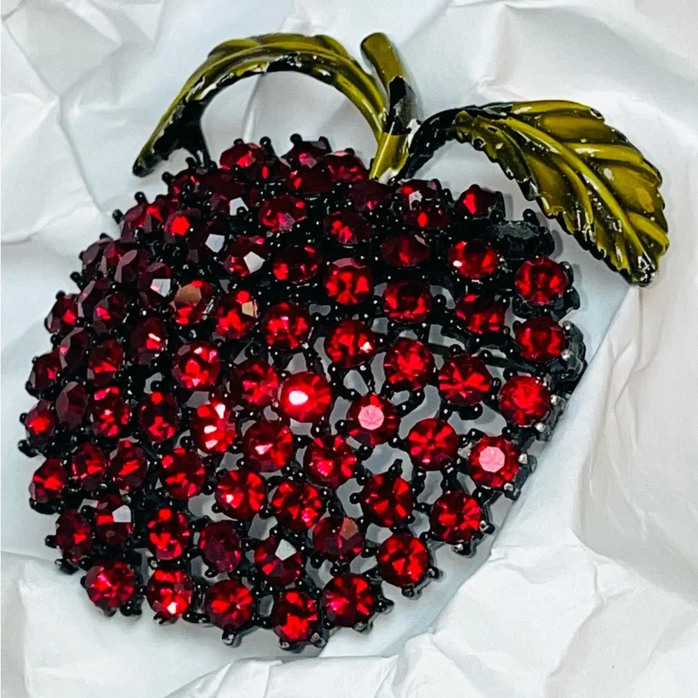 Weiss Red Rhinestone Apple Brooch Pin, Japanned Black Setting, Enamel Leaves